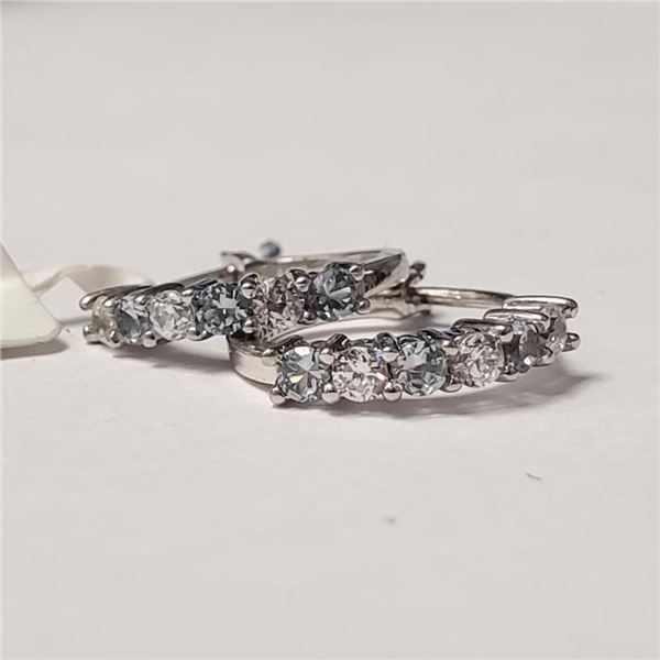$80 Silver Created Aquamarine And Cz Hoop Earrings
