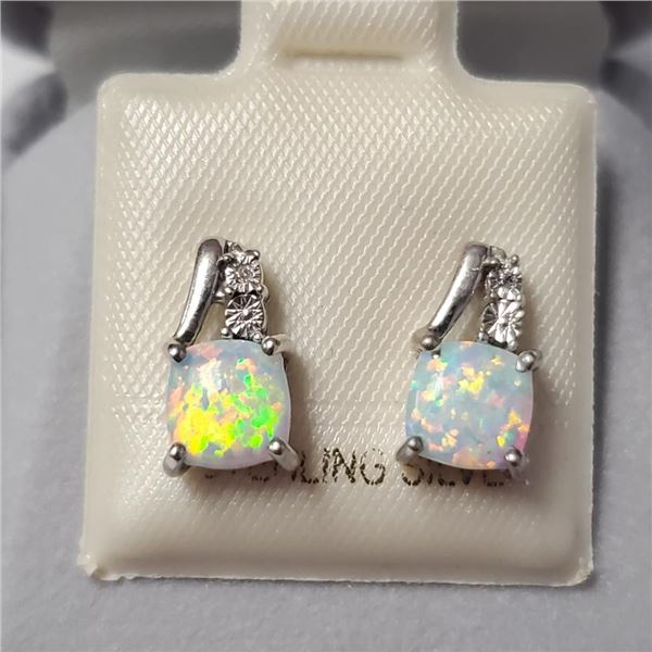 $80 Silver Created Opal And Diamond Earrings