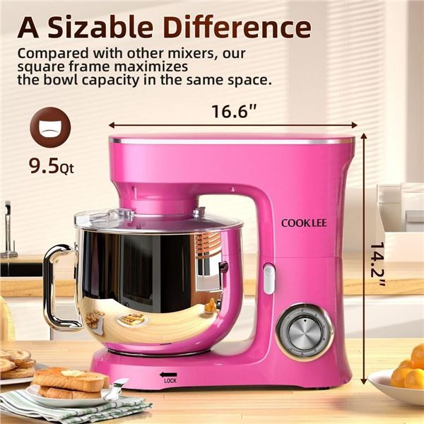COOKLEE Stand Mixer, 9.5 Qt. 660W 10-Speed Electric Kitchen Mixer with Dishwasher-Safe Dough Hooks, 