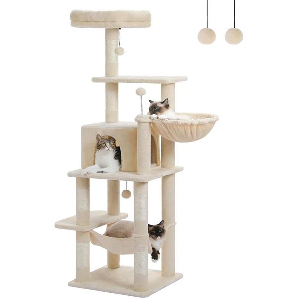 Multi-Level Cat Tower for Indoor Cats with Large Cat Hammock, Cat Condo, Natural Sisal Covered Scrat