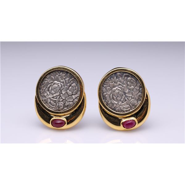 Pair of 18K Yellow Gold & Ruby Earrings with Sterling Silver Floral Medallions b