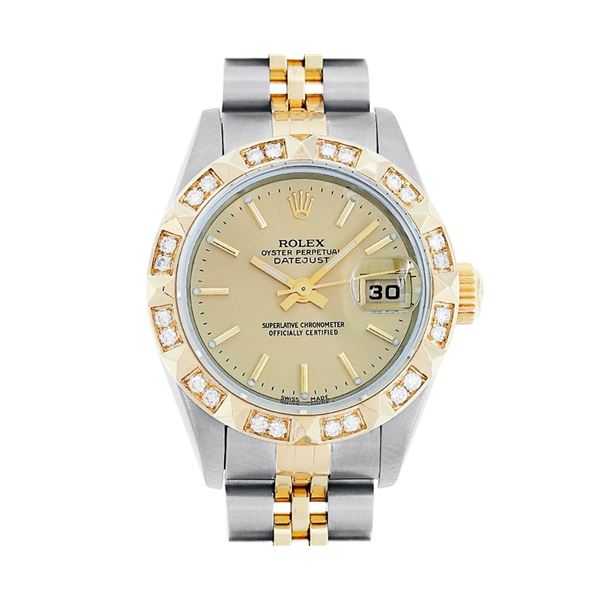 Rolex Ladies Quickset 2T 18K & Steel Champagne Index Dial Diamond Pyramid Bezel