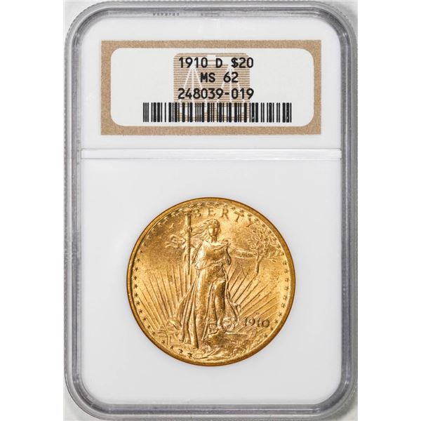 1910-D $20 St. Gaudens Double Eagle Gold Coin NGC MS62