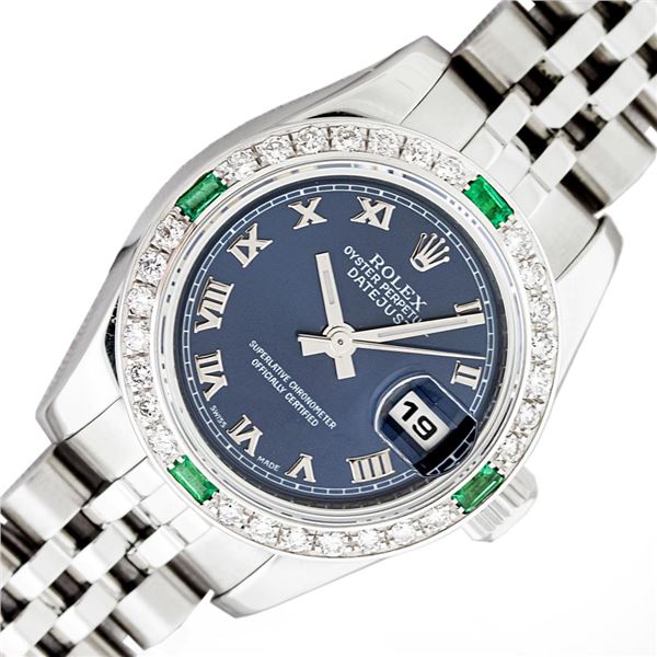 Rolex Ladies Stainless Steel Blue Roman Emerald and Diamond Datejust Wristwatch