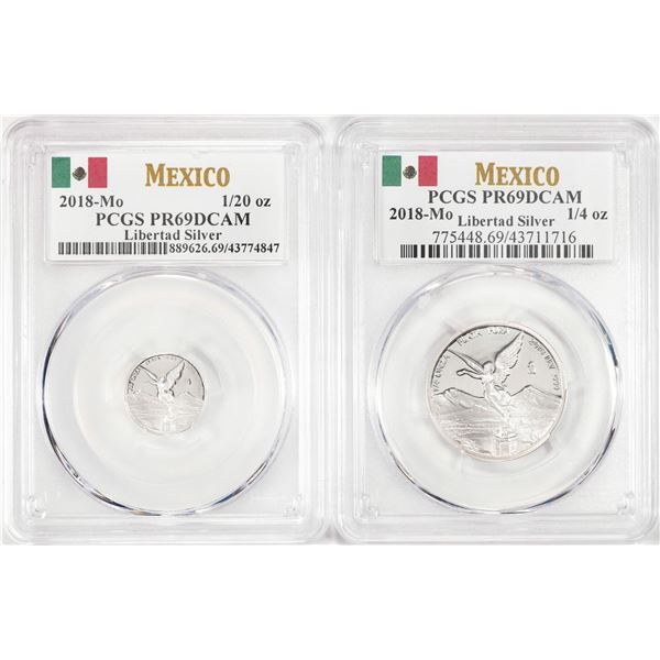 Set of (2) 2018Mo Mexico 1/4oz and Mo 1/20 oz Silver Libertad Coins PCGS PR69DCAM