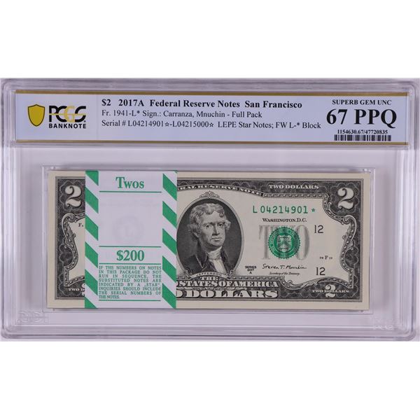 Pack of 2017A $2 Federal Reserve STAR Notes SF Fr.1941-L* PCGS Superb Gem UNC 67PPQ