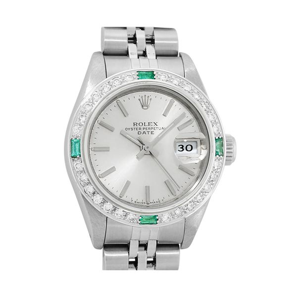 Rolex Ladies Stainless Steel Silver Index Emerald and Diamond Datejust Wristwatch