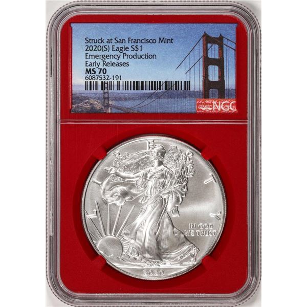 2020(S) $1 American Silver Eagle Coin NGC MS70 Early Releases San Francisco Red Core