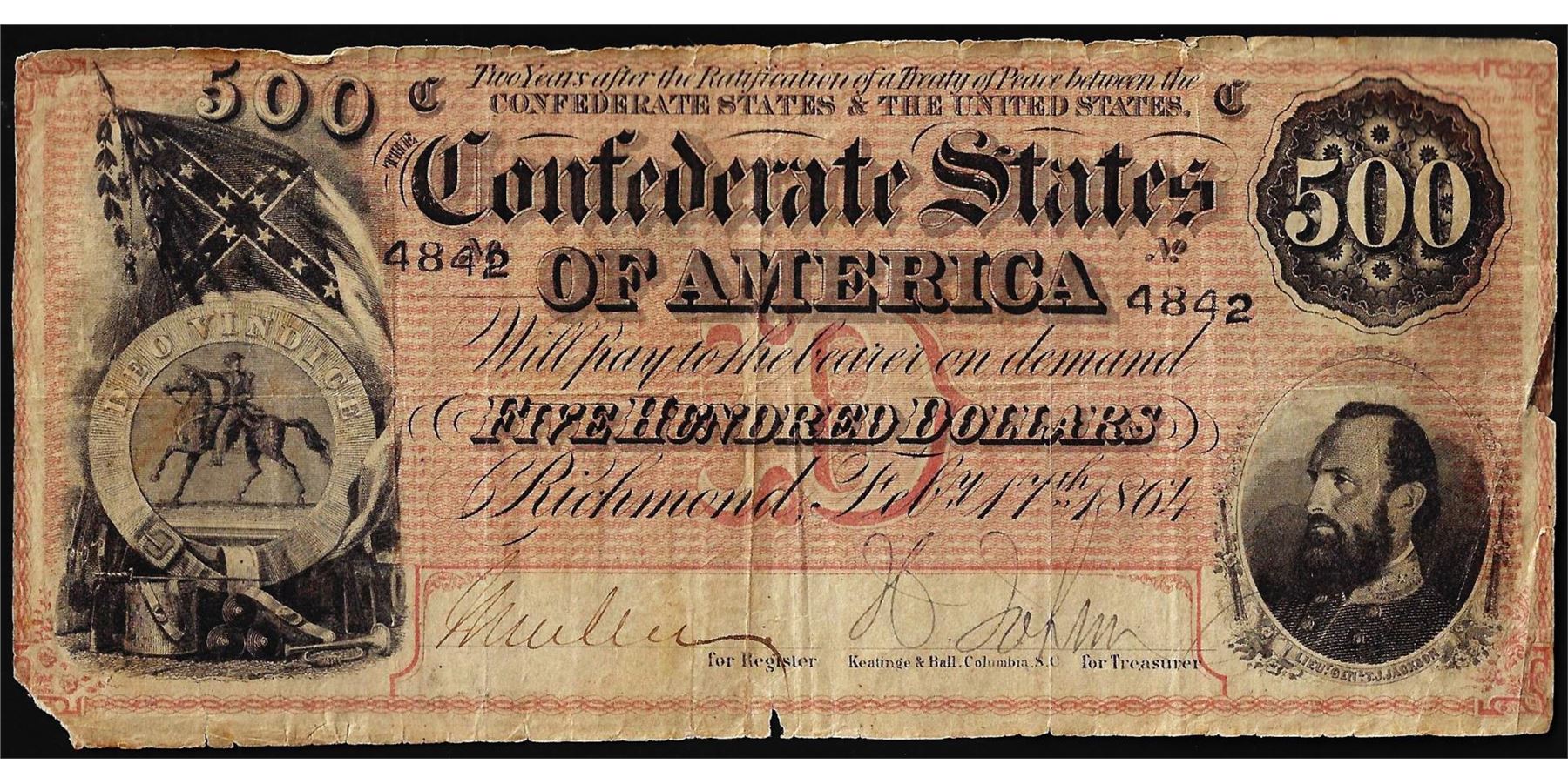 1864 500 Confederate States of America Note
