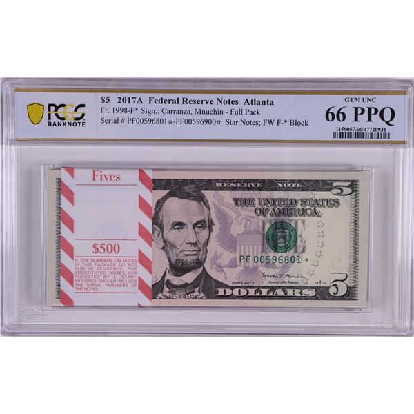 Pack of 2017A $5 Federal Reserve STAR Notes Atlanta Fr.1998-F* PCGS Gem UNC 66PPQ
