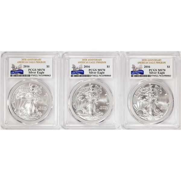 Lot of (3) 2016 $1 American Silver Eagle Coins PCGS MS70
