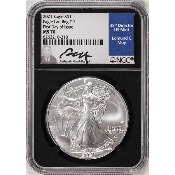2021 Type 2 $1 American Silver Eagle Coin NGC MS70 FDOI Edmund Moy Signature