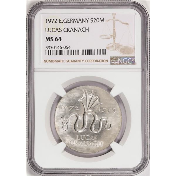 1972 E. Germany 20 Mark Lucas Cranach Silver Coin NGC MS64