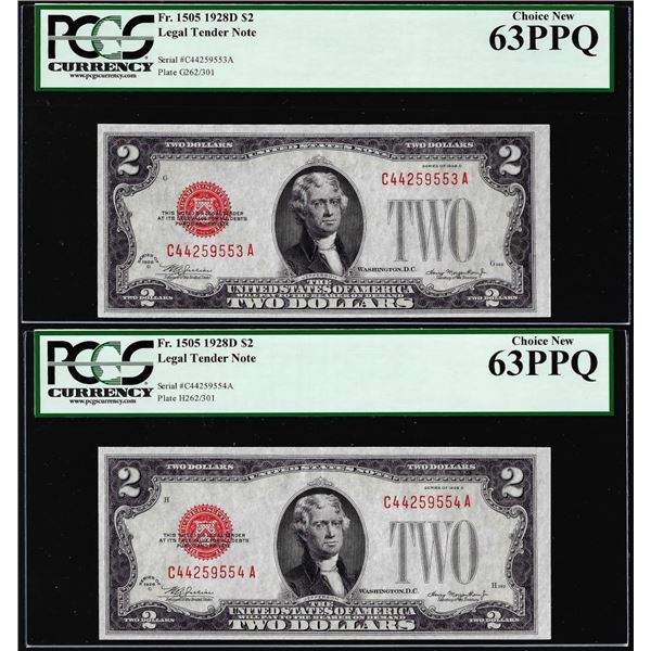Lot of (2) Consecutive 1928D $2 Legal Tender Notes Fr.1505 PCGS Choice New 63PPQ