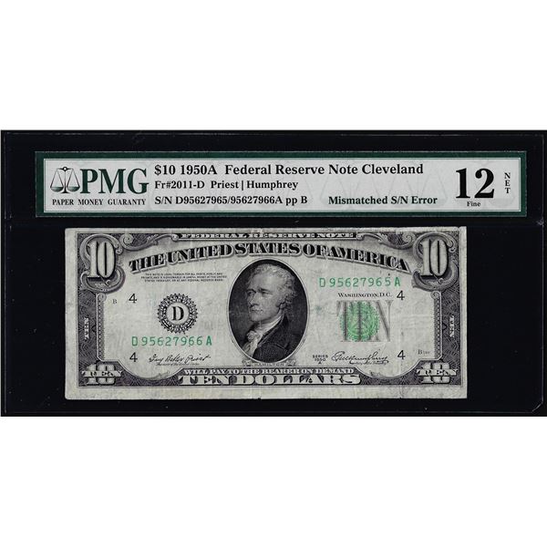 1950A $10 Federal Reserve Note Mismatched Serial Number Error Fr.2011-D PMG Fine 12 Net
