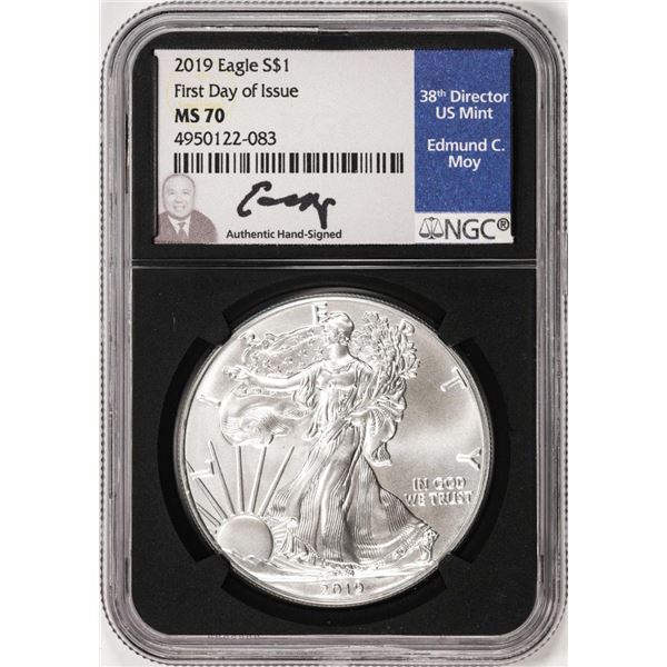 2019 $1 American Silver Eagle Coin NGC MS70 First Day of Issue Edmund Moy Signature