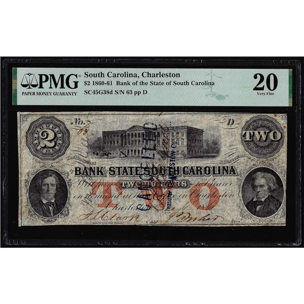 1860-61 $5 Bank of the State of South Carolina Obsolete Note SC45G38d PMG Very Fine 20
