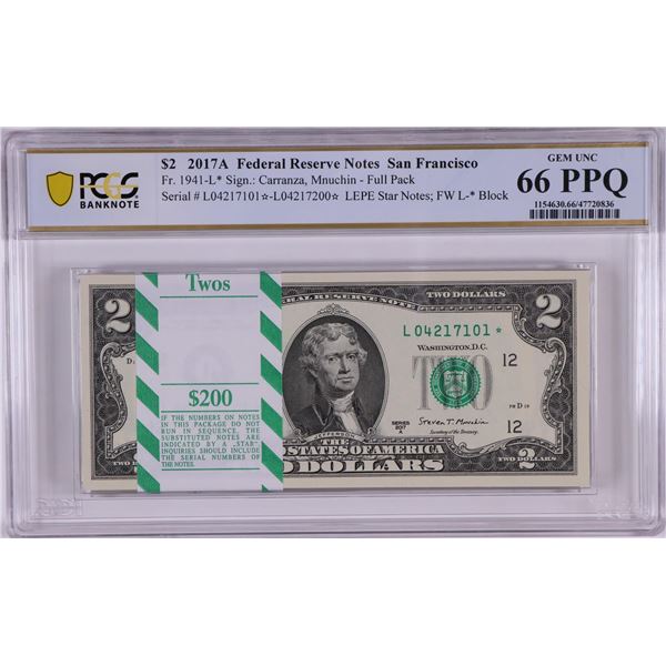 Pack 2017A $2 Federal Reserve STAR Notes San Francisco Fr.1941-L* PCGS Gem UNC 66PPQ