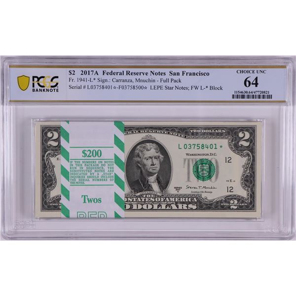 Pack of 2017A $2 Federal Reserve STAR Notes SF Fr.1941-L* PCGS Choice Uncirculated 64
