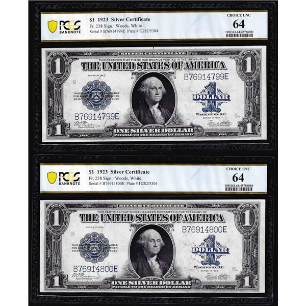 Lot of (2) Consecutive 1923 $1 Silver Certificate Notes PCGS Choice Uncirculated 64