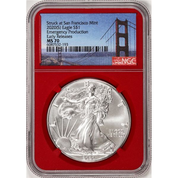 2020(S) $1 American Silver Eagle Coin NGC MS70 Early Releases San Francisco Red Core