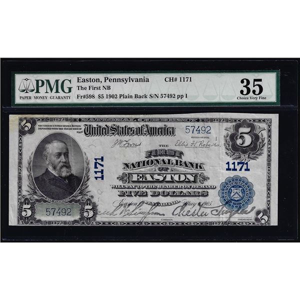 1902 $5 First NB Easton, PA CH# 1171 National Currency Note PMG Choice Very Fine 35