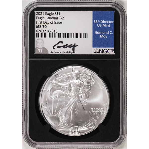 2021 Type 2 $1 American Silver Eagle Coin NGC MS70 FDOI Edmund Moy Signature