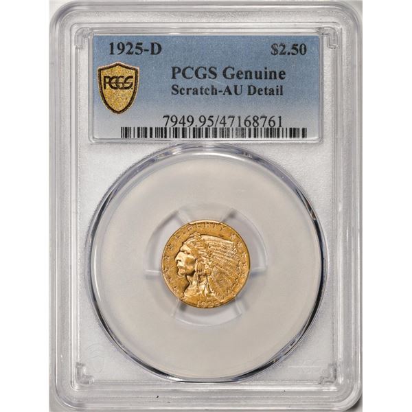 1925-D $2 1/2 Indian Head Quarter Eagle Gold Coin PCGS Genuine Scratch AU Detail
