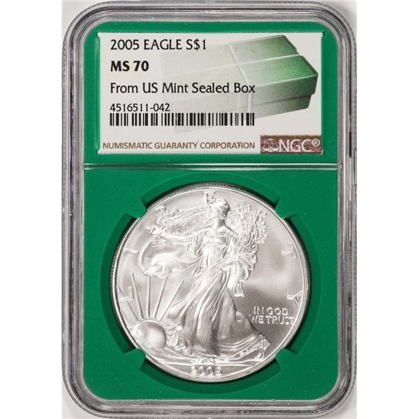 2005 $1 American Silver Eagle Coin NGC MS70 From US Mint Sealed Box Green Core