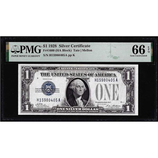 1928 $1 Funnyback Silver Certificate Note PMG Gem Uncirculated 66EPQ