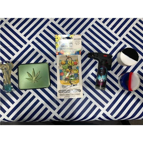 Mixed lot with joint case, lighter, pipe, air freshener and 2 silicone storage containers