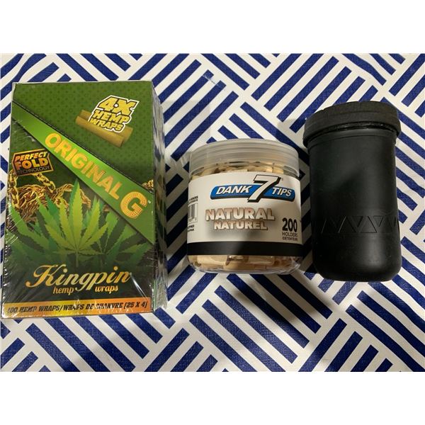 Mixed lot with rolling papers, natural dank 7 tips and silicone/glass storage container