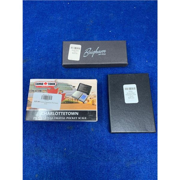 Lot of 2 metal pipes and charlottetown scale