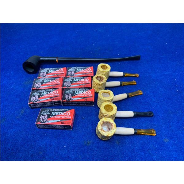 Lot of 5 corn cob pipes/ filters and extra long pipe