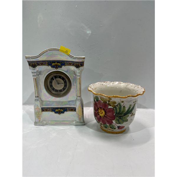 Hand Painted Pot, Made in Italy 6H and Table Clock, Made in Czeche-Slovakia
