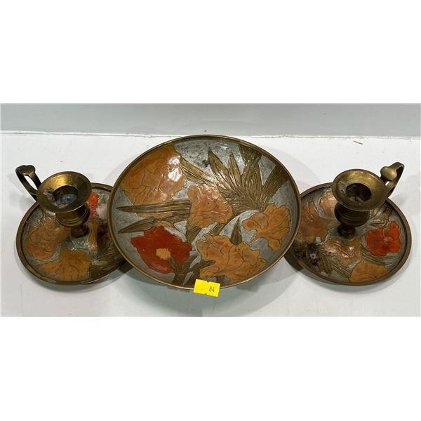Vintage Brass Enamel Dish and Two Candlestick Holders