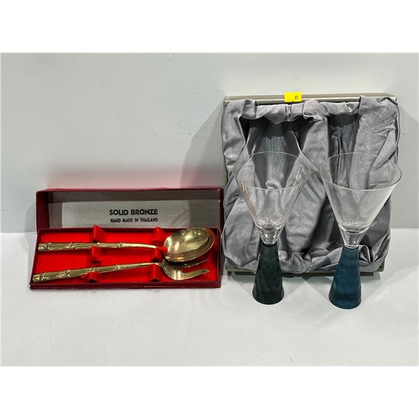 Beautiful Coloured Base Crystal Glasses and Solid Bronze Serving Spoon & Fork