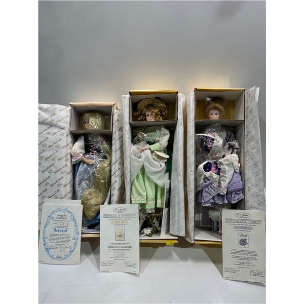 Three Porcelain Dolls 16H "Daisy", Violet" and "Rapunzel"