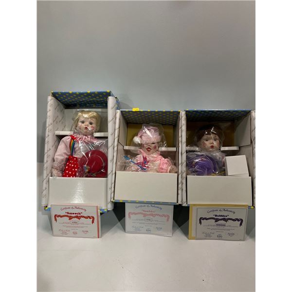 Ashton Drake Galleries Three Porcelain Dolls Clowns "Bubbles", Smooch" and "Sparkles"  NEW in Box