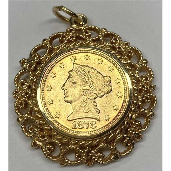 BU 1878 Gold $2.50 Liberty Head / Ornate 14k Gold Pendant