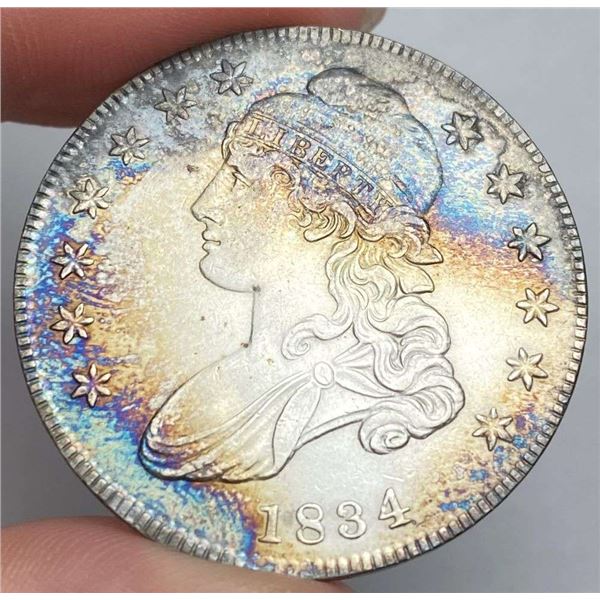 Toned 1834 Capped Bust Silver Half Dollar AU58 Details