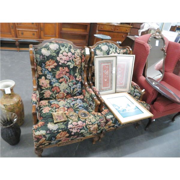 Needlepoint Print Floral Motif Wingback Chairs - Pair