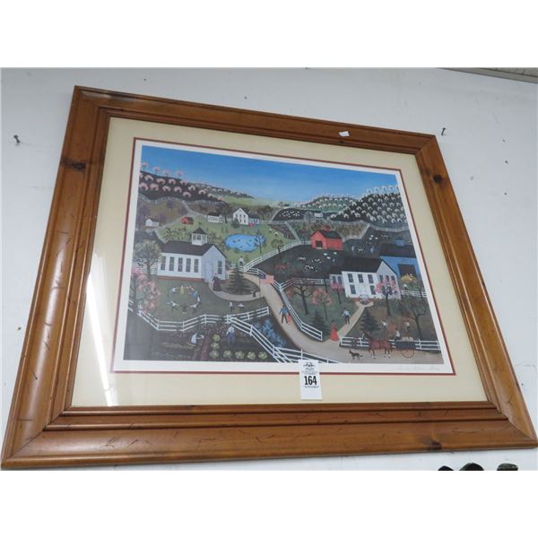 Framed Colorful Country Town Scene Signed Stocks - 30 x 36