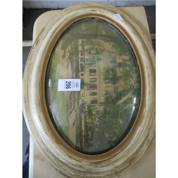 Reverse Painted Oval Framed Southern Mansion Picture