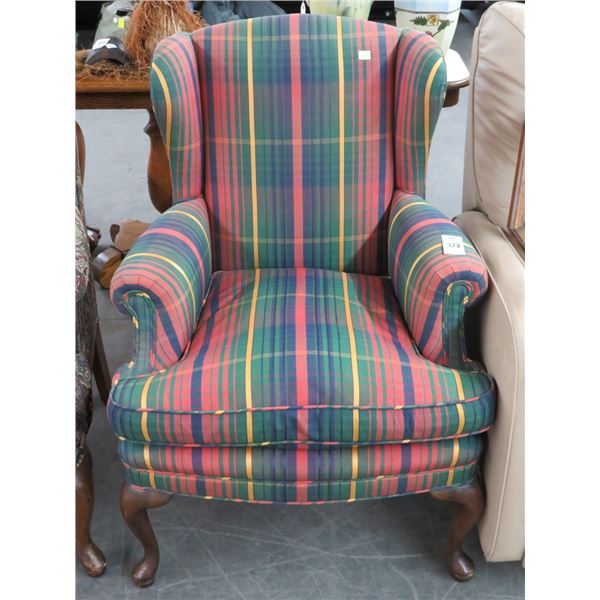 Plaid Cloth Queen Anne Wingback Chair