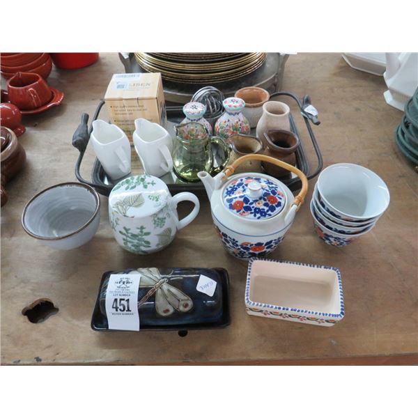 Bird Motif, Metal Mirrored Tray w/Shakers, Pourers, Dragonfly Butter Dish