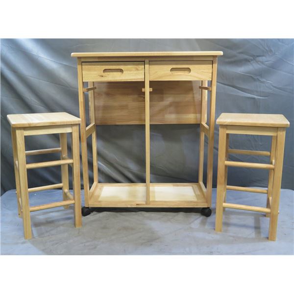 PW Space-Saver Rolling Wooden Cart w/ 2 Nesting Stools & 2 Drawers 28"x14"x33"H