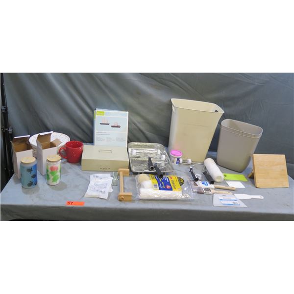 Multiple Waste Baskets, Smoothing Tools, Paintbrushes, Rollers, Pans, Wall Shelf in Box, etc