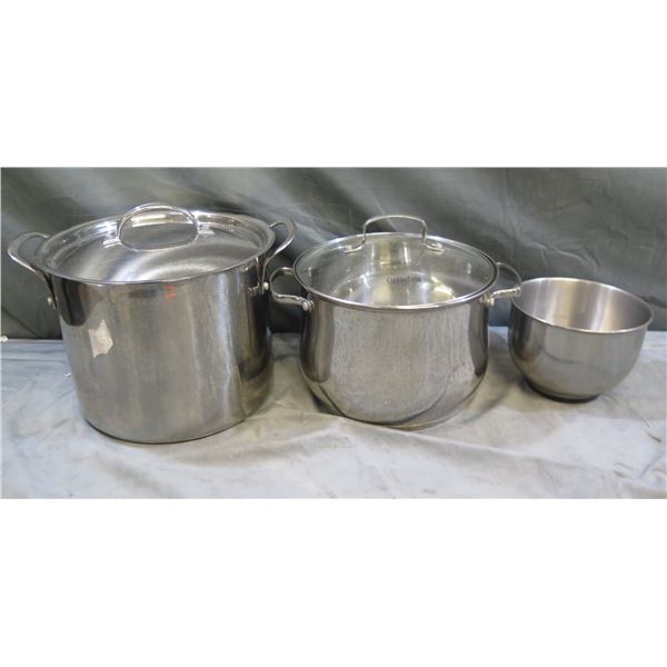 Qty 2 Oster & Cooking Light Stock Pots w/ Handles & Lids & Metal Bowl, Misc Sizes