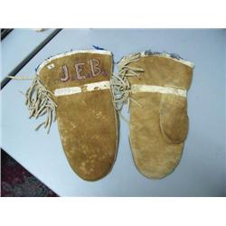 ca. 1940 pair of moose hide mittens with beaded initials J.E.B. with seal trim (2)
